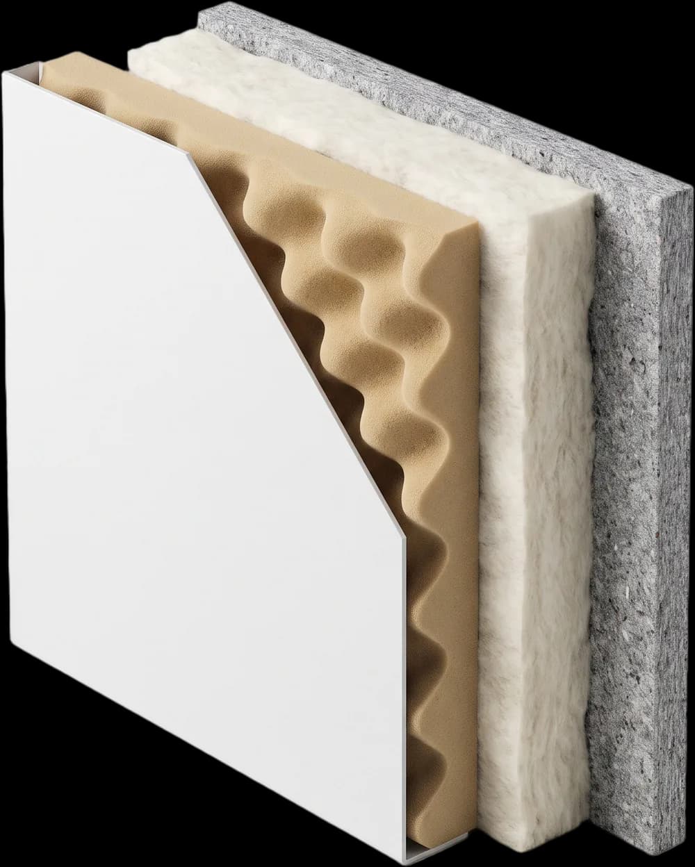 Cutaway through a Peacepod wall panel showing its four layers — a powder-coated steel outer panel, tan acoustic foam with a convoluted profile, a thick layer of acoustic cotton, and a grey acoustic felt panel forming the pod's inner surface