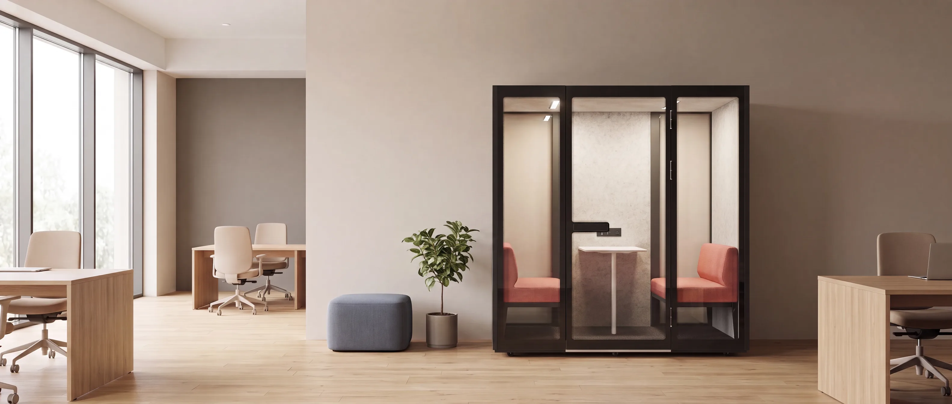 L4-Pod meeting pod in a warm open-plan office, four coral seats around a table visible through the glazed doors