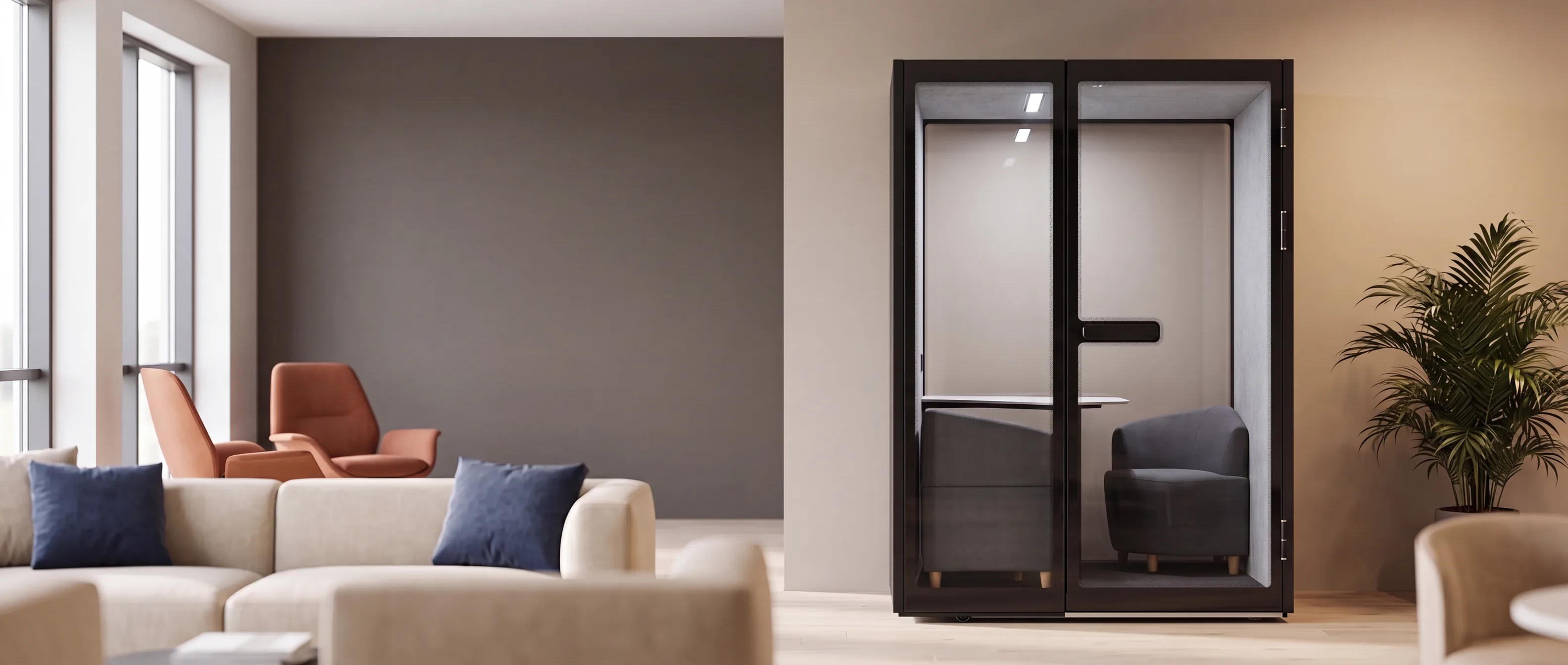 M2-Pod meeting pod in a warm open-plan office, two facing sofas visible through the glazed doors
