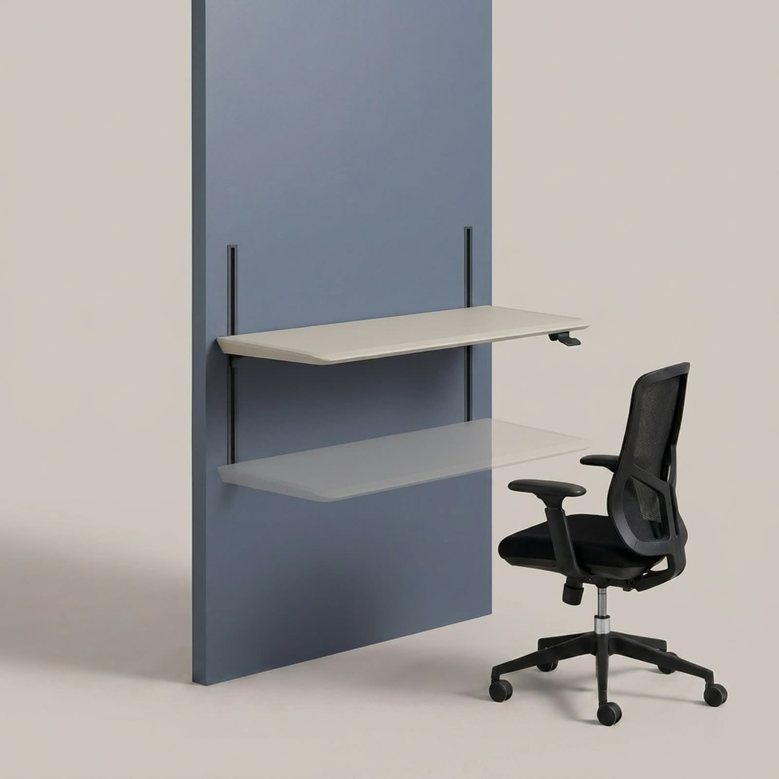 The furniture included with an MW-Pod — a wall-mounted height-adjustable sit-stand desk, shown at standing height with its seated position ghosted below, and a black mesh office chair, against a slate blue-grey panel