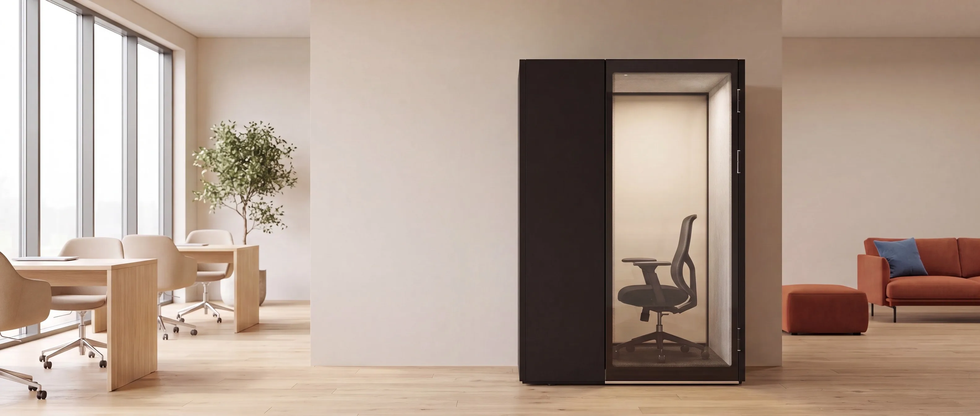 MW-Pod work pod in a warm open-plan office, task chair visible through the glazed door