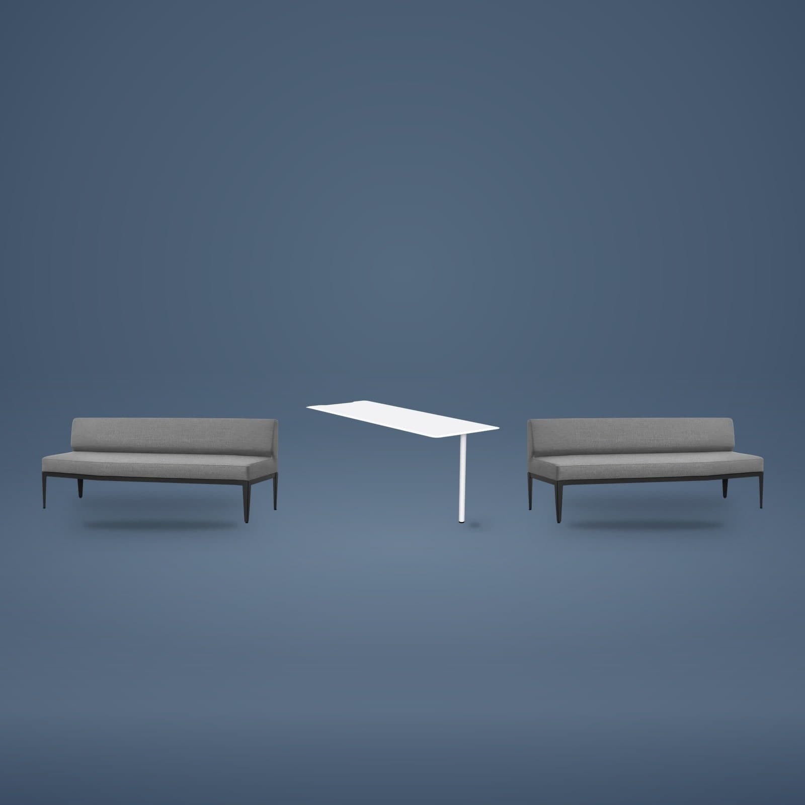 The furniture included with an XL-Pod — two long grey upholstered three-seat bench sofas on black tapered legs facing each other across a white bar table on a slim white column, shown against a slate blue-grey background