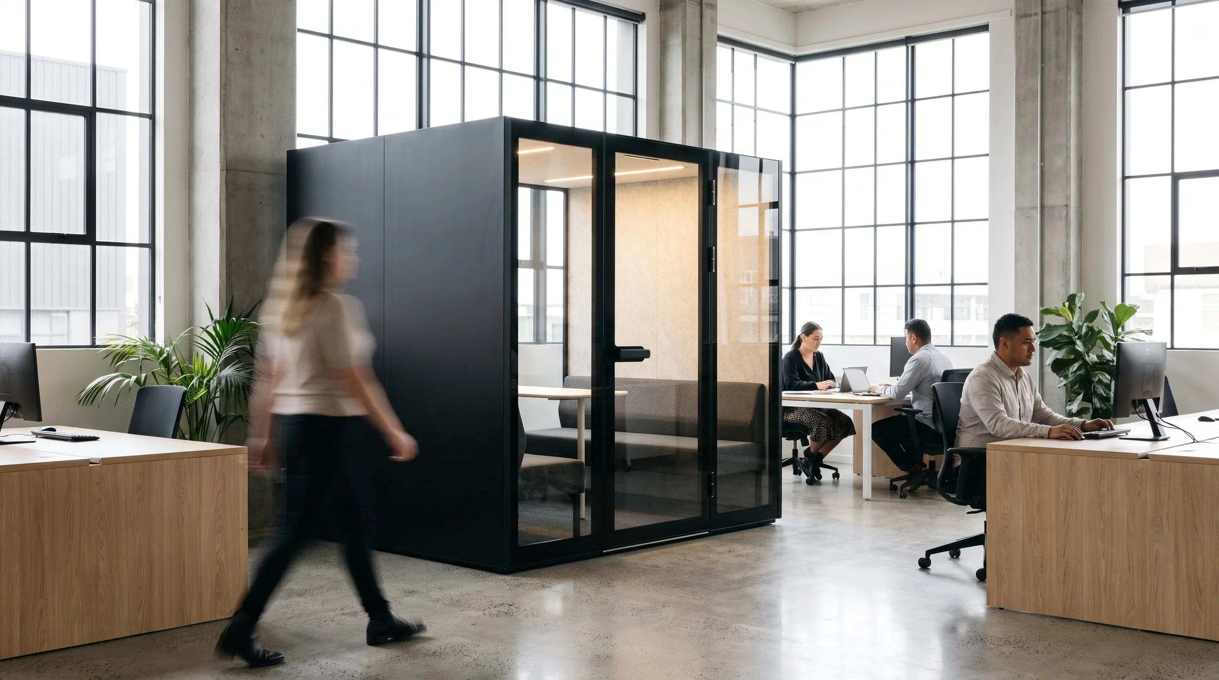 XL-Pod meeting pod set into a spacious concrete-and-steel office, a person walking past; grey sofas visible through the glazed doors