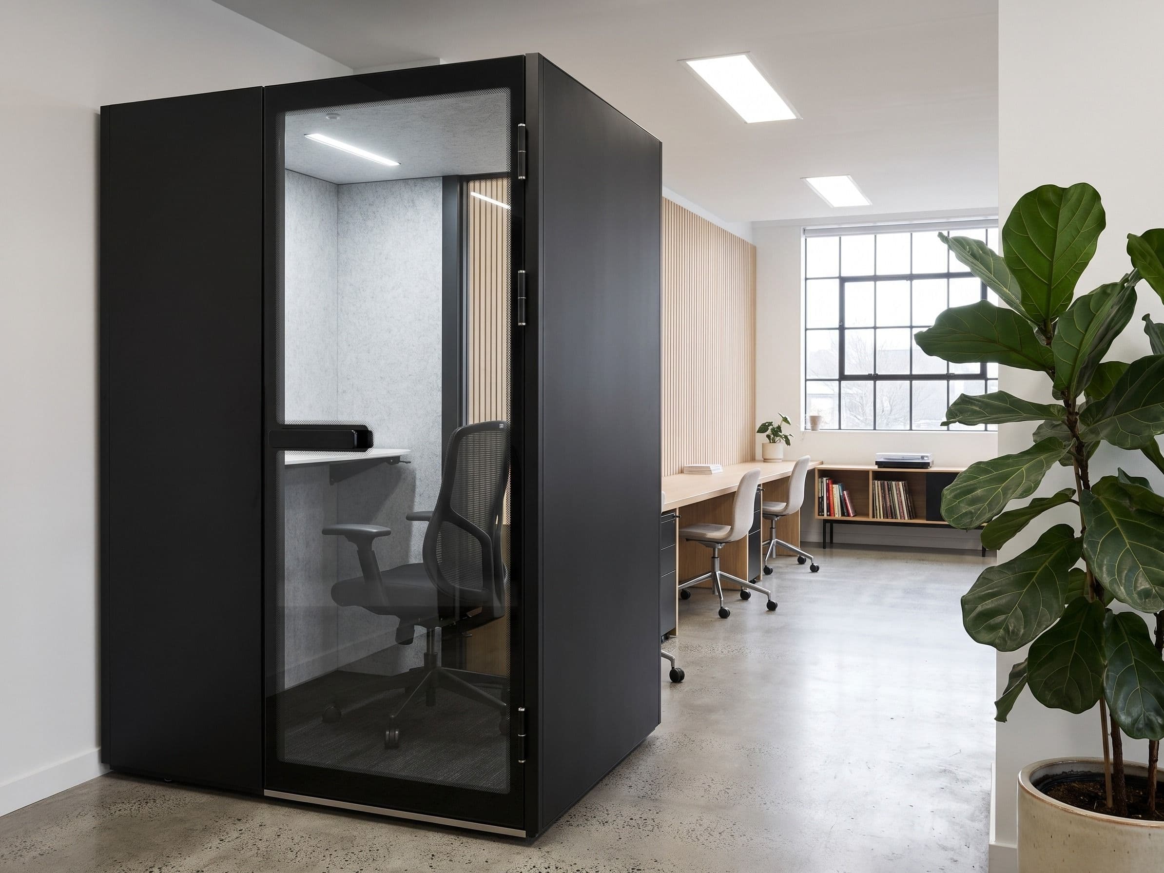 An MW-Pod installed against a white wall in a creative studio, with a timber slat wall, bench desks and a tall steel-framed window beyond, and a fiddle-leaf fig in the foreground