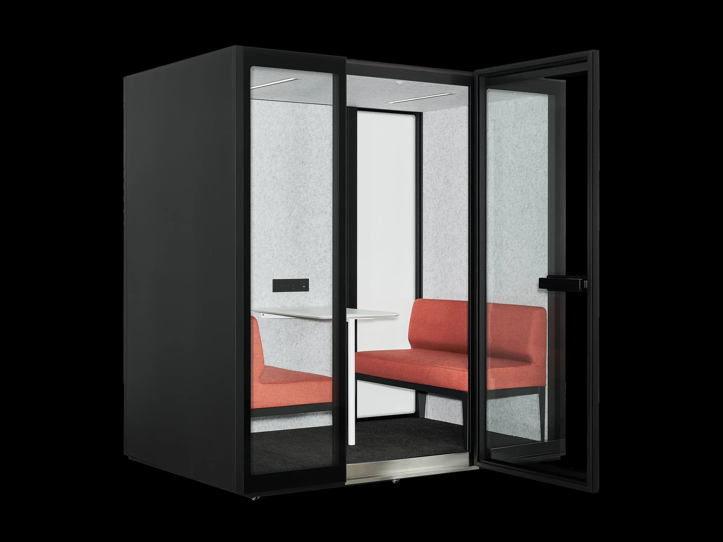 An L4-Pod with its door open, showing the sofas and meeting table inside
