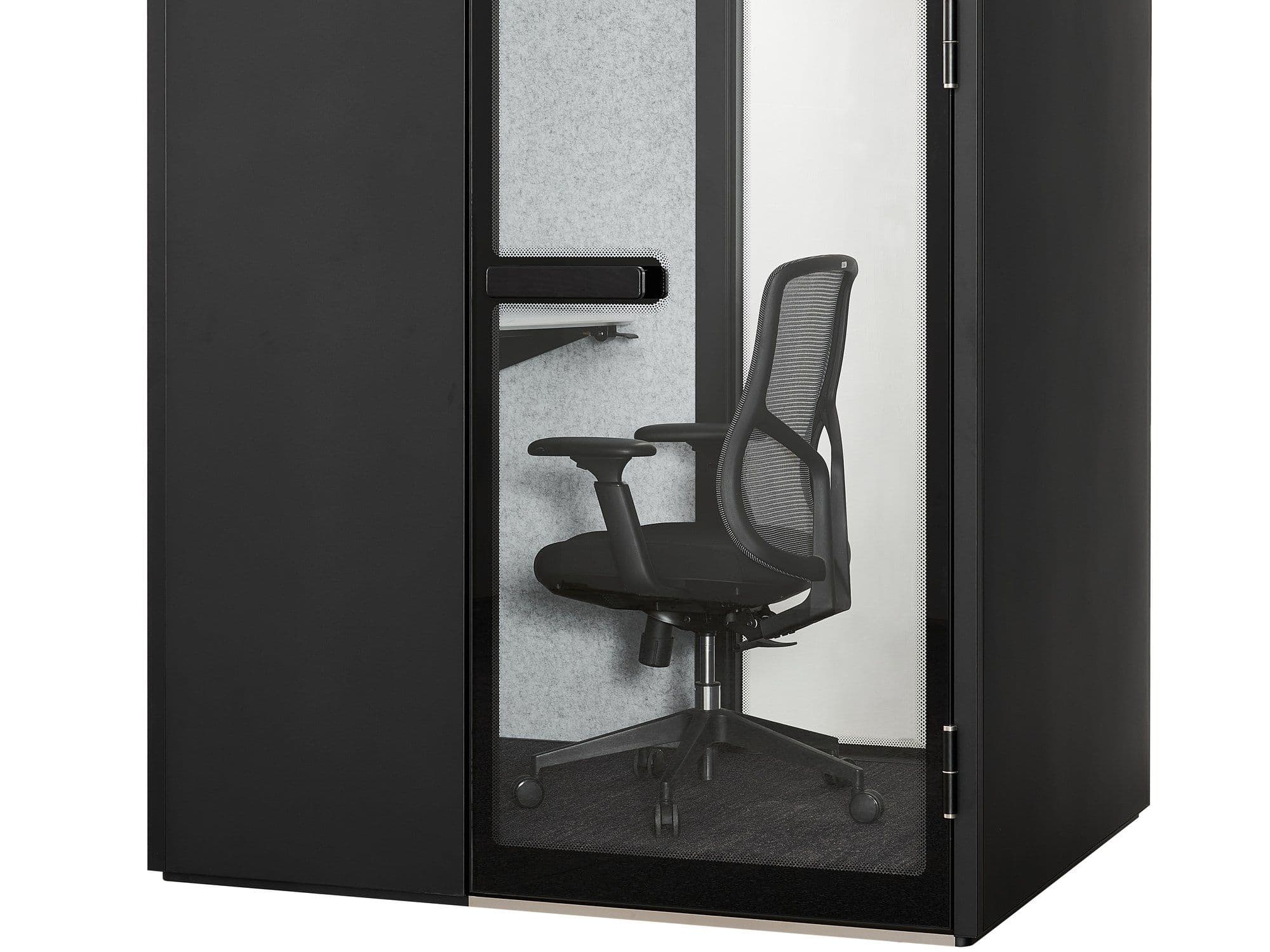 An MW-Pod with its door open, showing the black mesh office chair inside