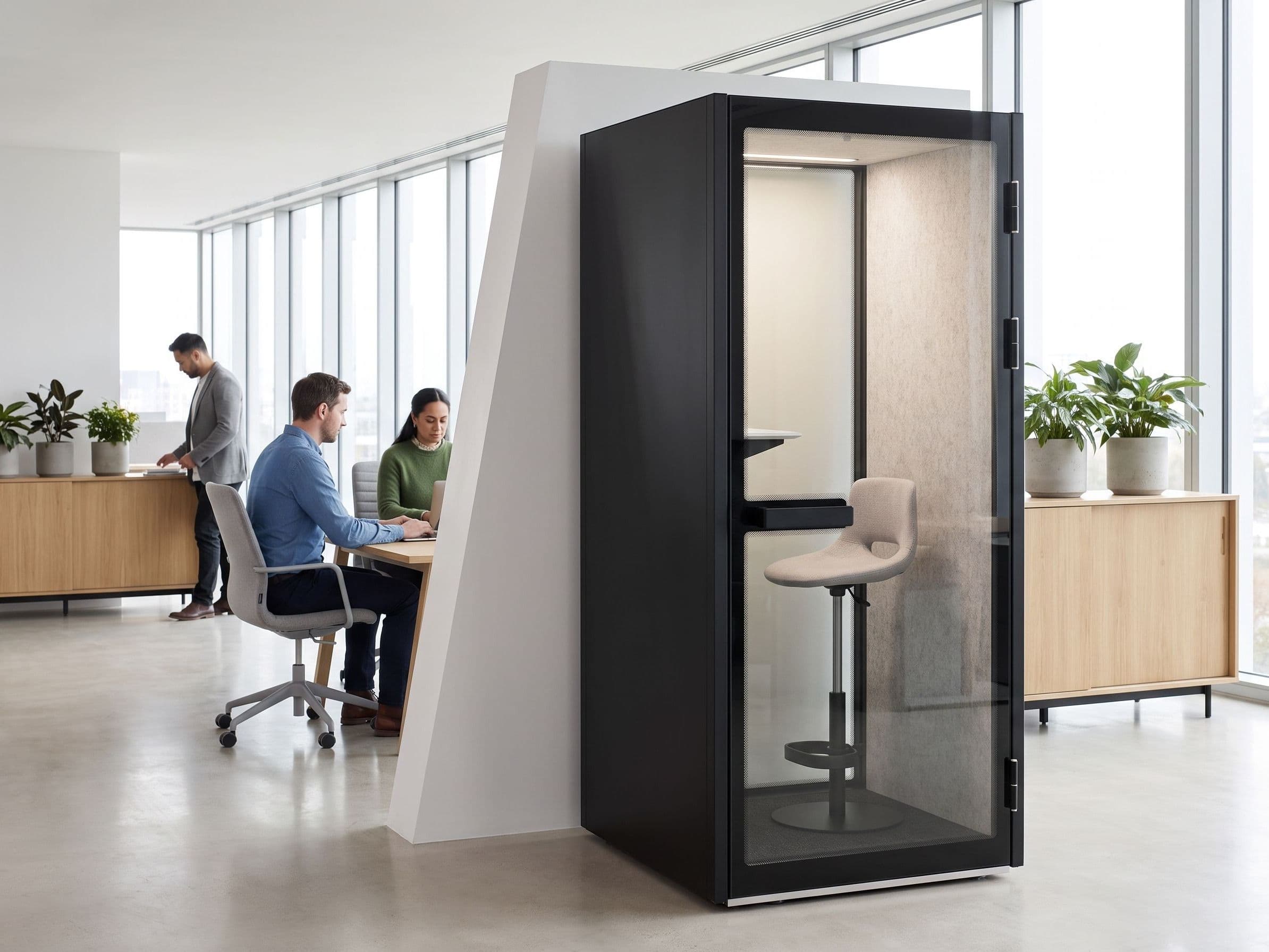 An S-Pod phone booth in a bright open-plan office beside full-height windows, with colleagues working at a desk nearby