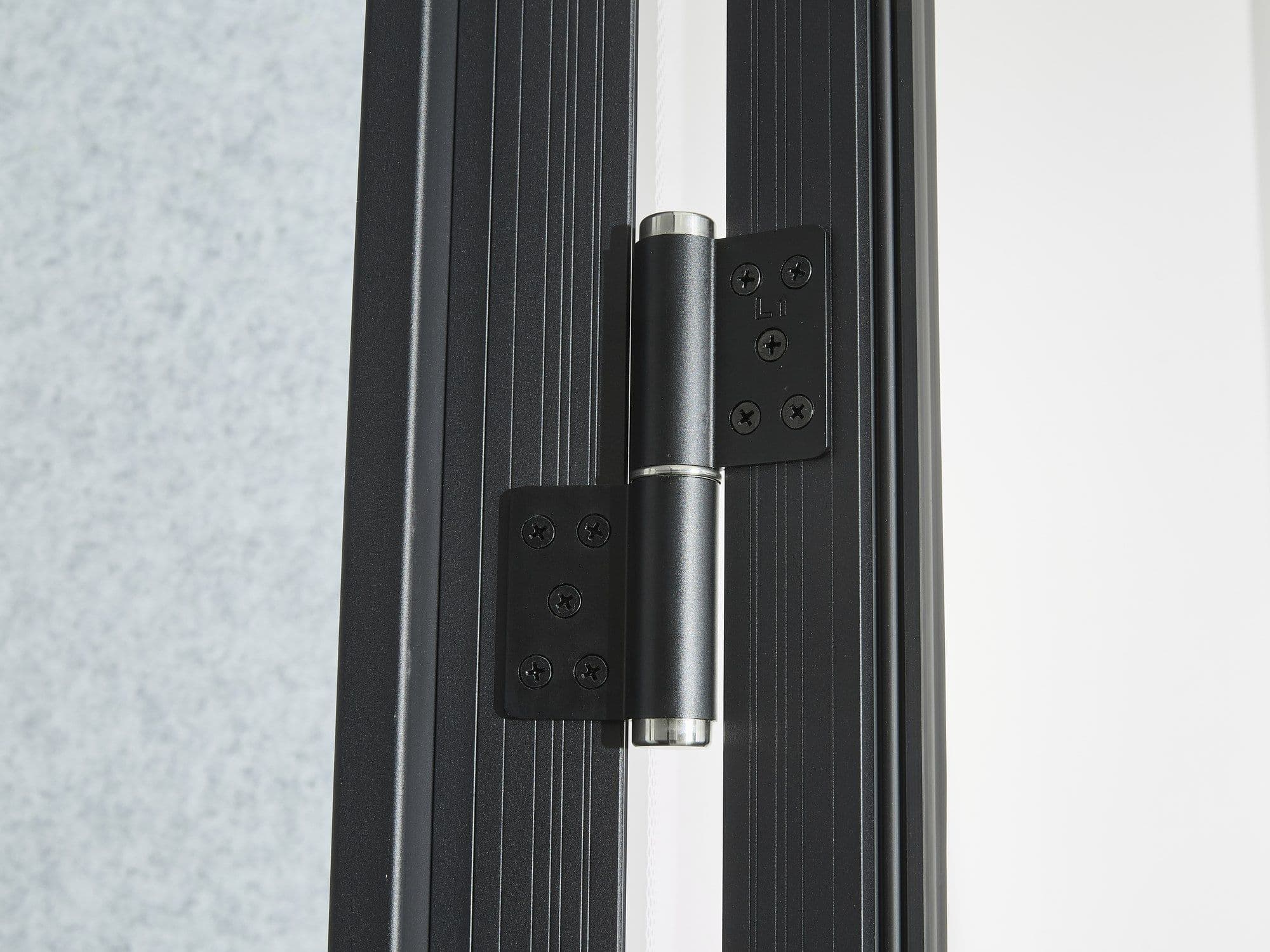A black barrel hinge on the door frame of a Peacepod